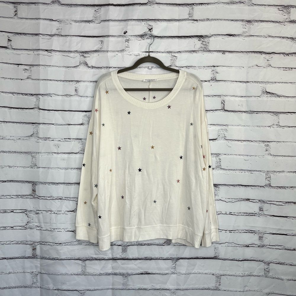 Workshop Women’s XL White Pullover Star Print Long Sleeve Lightweight Loose Top